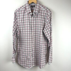 Banana Republic Mens Gray Red Non Iron Grant Fit Plaid Button Down Shirt Large